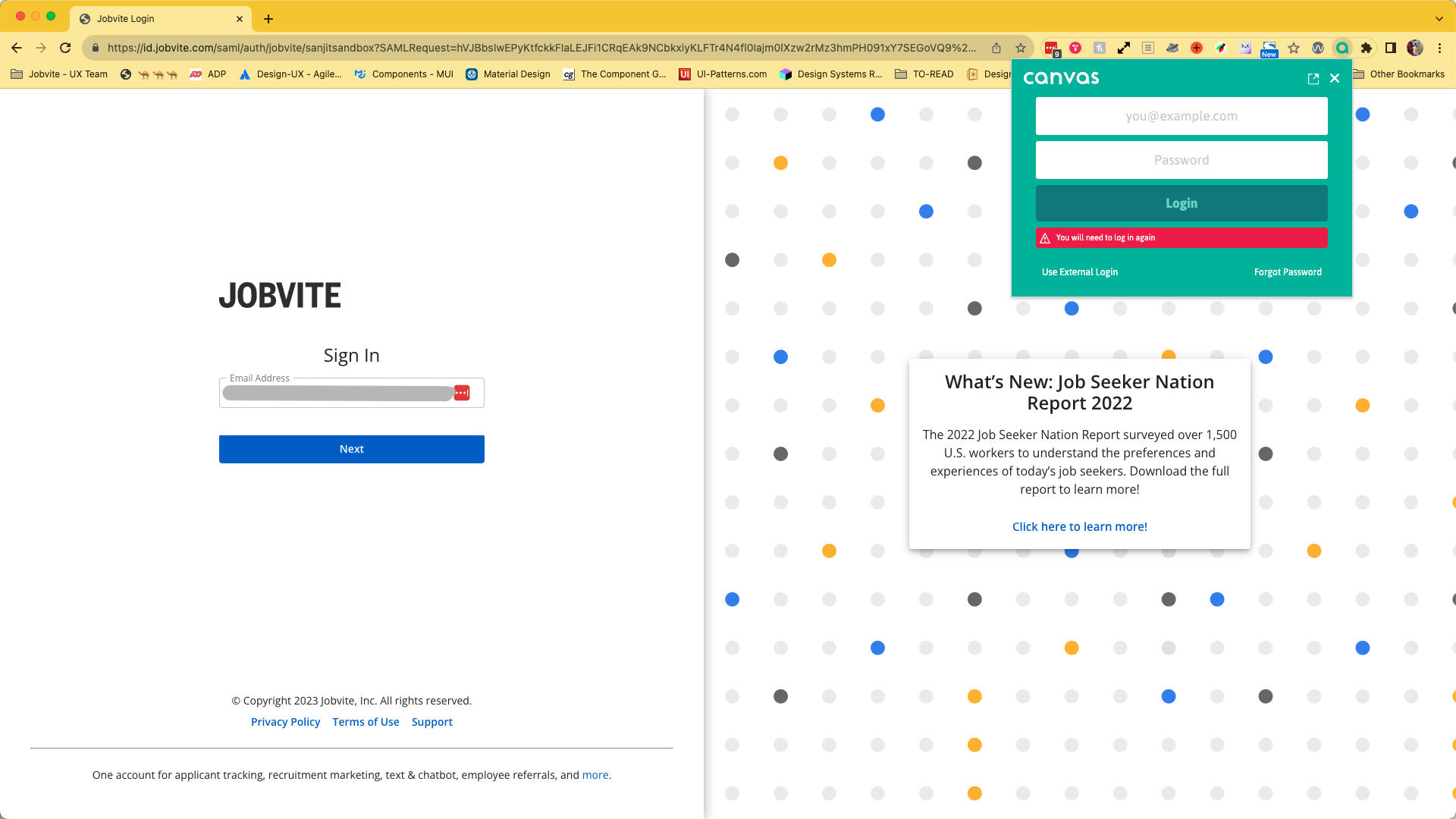 Login screen for the candidate messaging app. This instance was accessed via Chrome extension.
