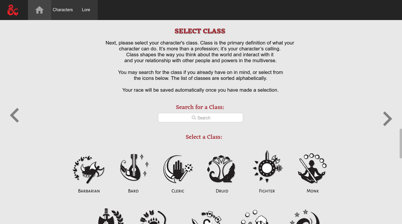 Screenshot of the class selection page.