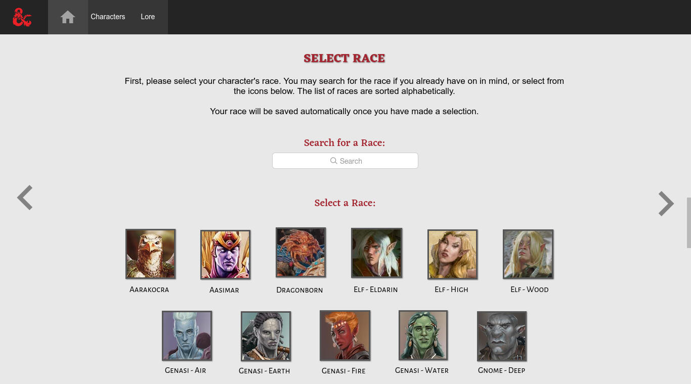 Screenshot of the race selection page.