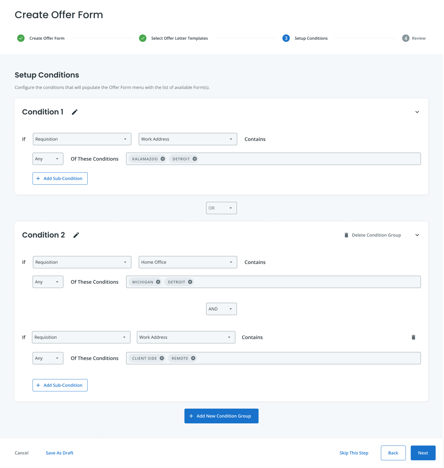 A screenshot of the criteria engine feature - there are boxes where the user can enter conditions and grouped by specific information.