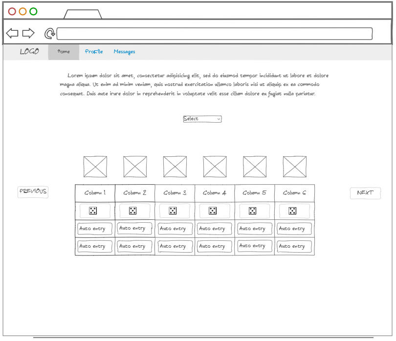 Low fi wireframe for the virtual dicepage.