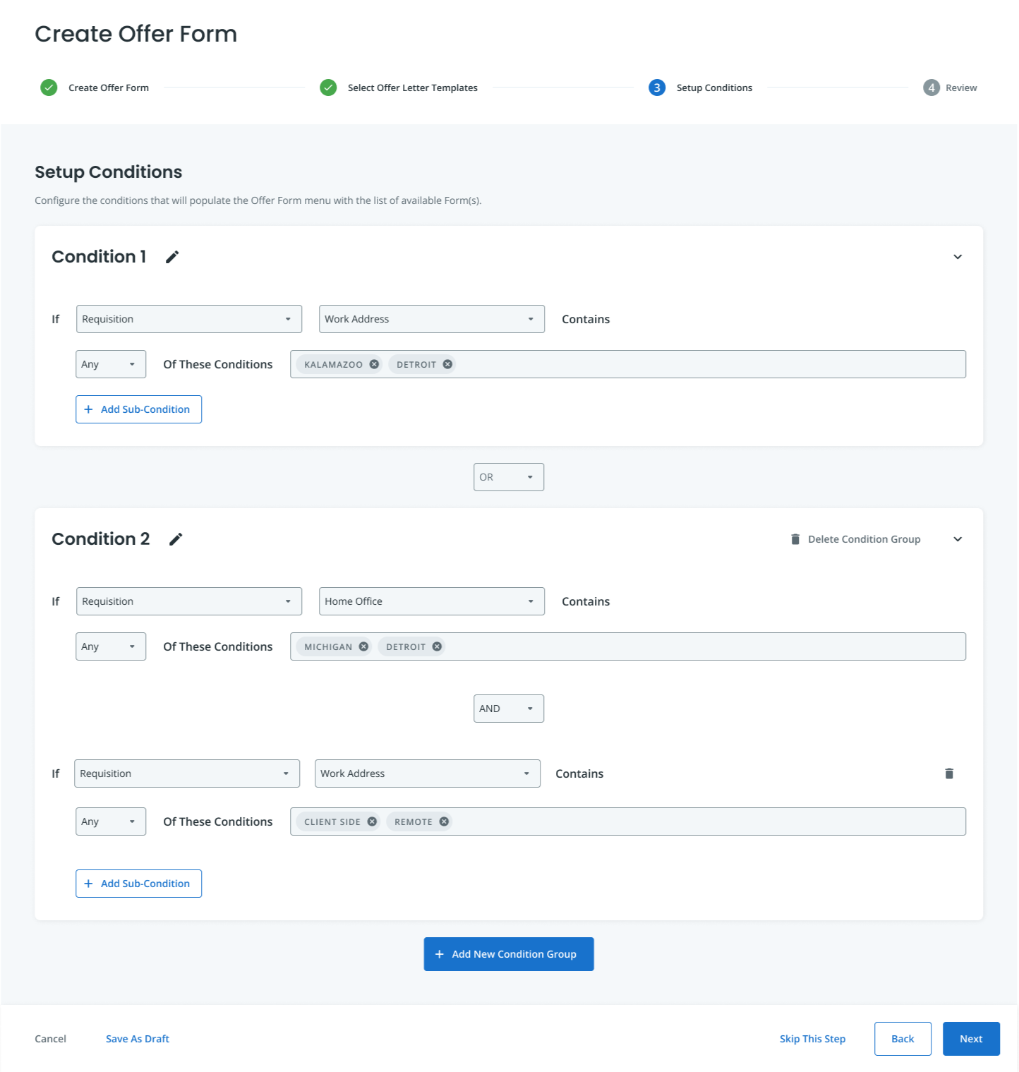 Final screen with all conditions added.