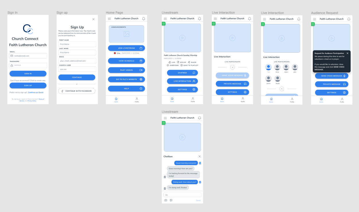 Digital low-fidelity prototype of ChurchConnect.
