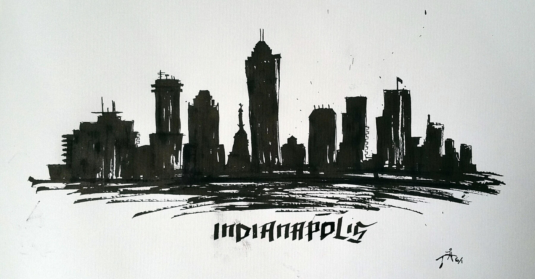 A black ink drawing of the skyline of the city of Indianapolis, IN.